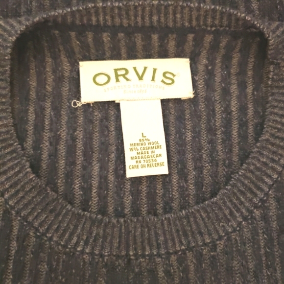 Men’s Orvis Crewneck Wool Cashmere Blend Sweater Blue Gray Heathered Stripe Sz L - Picture 4 of 6